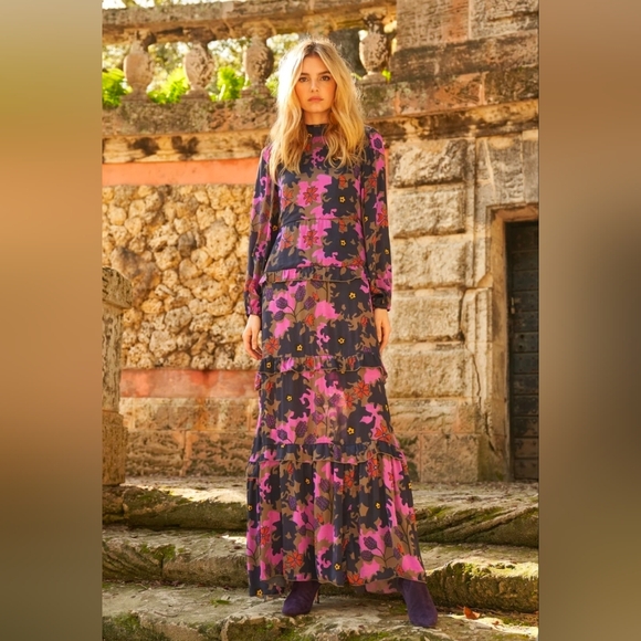 Oliphant Dresses & Skirts - Oliphant Suzani Navy Mock Neck Ruffle Maxi Dress in a silk viscose Womens Small